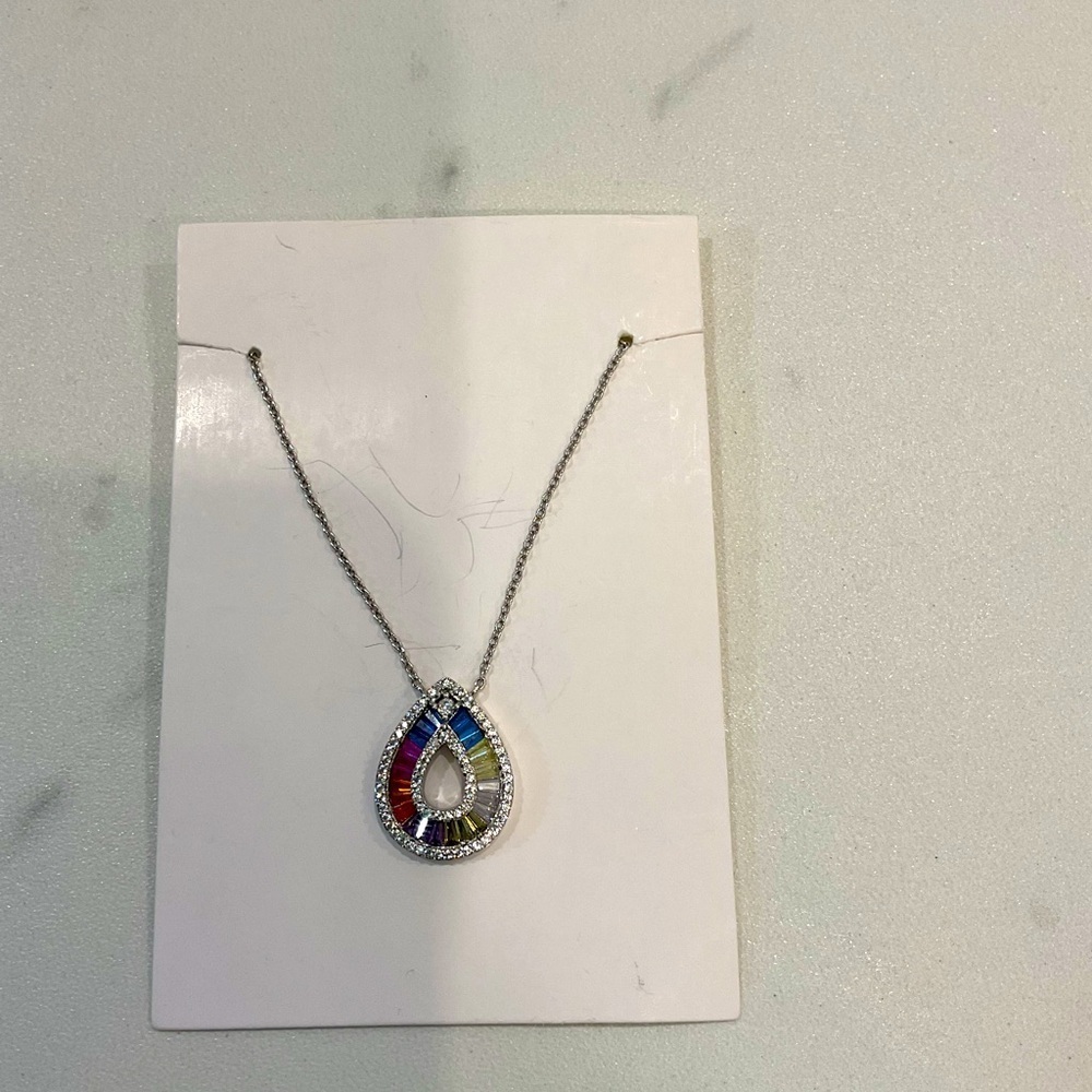 Silver Rainbow multi colored teardrop pendant necklace, Rhinestones, NWOT